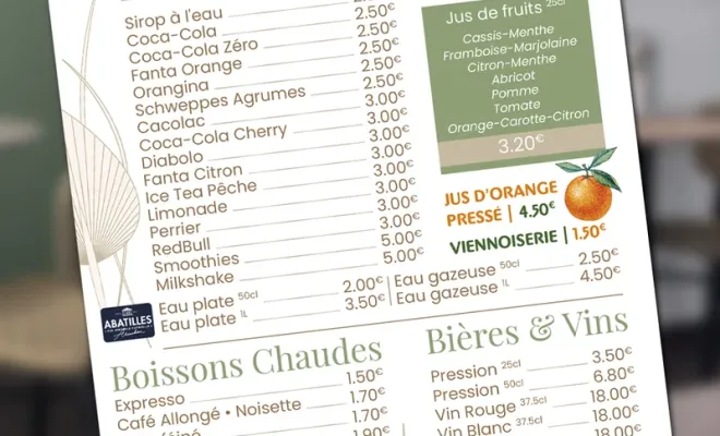 Création graphique et impressions de cartes de boisson à Bergerac, Périgueux, Sarlat, Marmande et Libourne, Bergerac, Imprimerie Charron